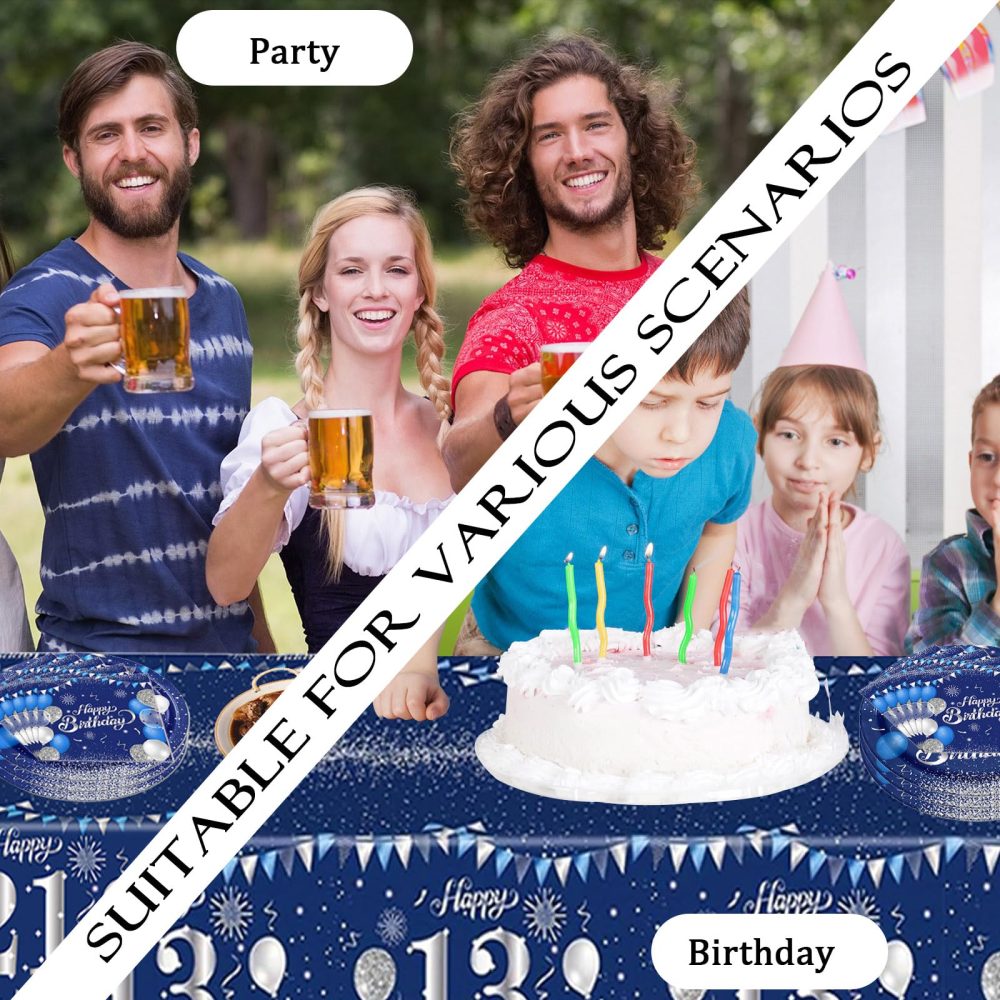 Navy Blue Silvery 21st Birthday Party Tableware,Blue 21st Birthday Tableware Set with 16P Paper Plates,20P Napkins,21th Table Cloth for Women Men Birthday Party Table Decorations（16Guest） - Image 3