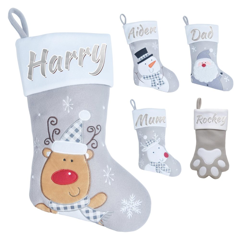 Varsany Premium Personalised Grey Reindeer 1 Christmas Stockings – Matching Custom Xmas Stockings For Pets & Family, Name Dog Stockings For Christmas Stocking, Holiday Stockings Christmas