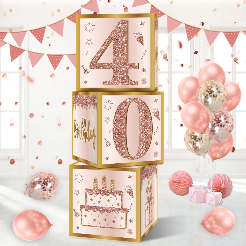 Guiruiy 3Pcs 40th Birthday Decorations Boxes for Women, Pink Rose Gold 40th Birthday Balloons Boxes Party Supplies, Pink Forty Year Old Birthday Theme Cardboard Box Decor