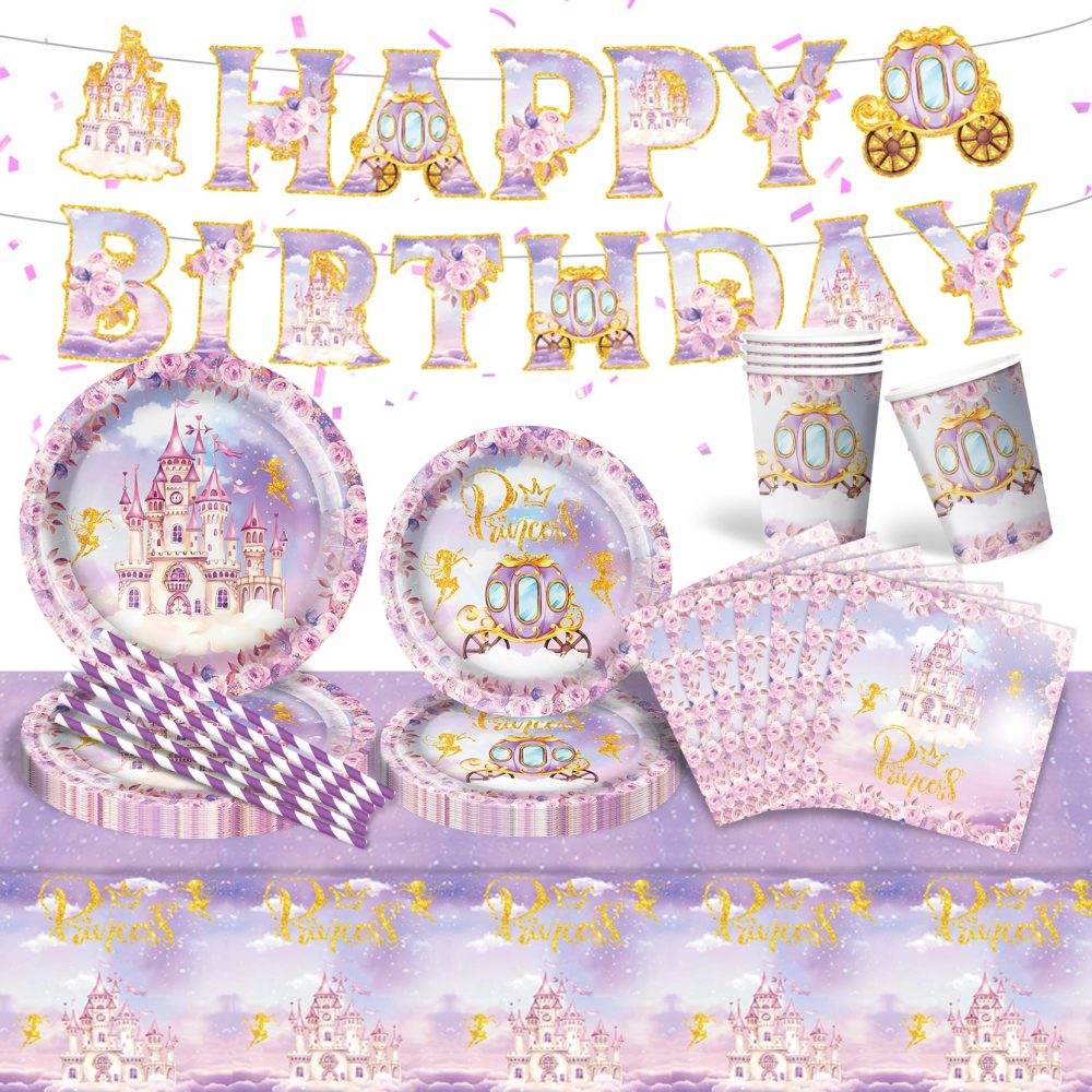 Princess Birthday Party Supplies Plates and Napkins Set for Girl, Purple Princess Castle Birthday Tableware Tablecloth for Girls Fairytale Princess Castle Theme Party Decorations, Serve 16 Guest