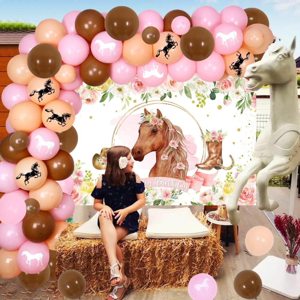 Horse Balloon Garland Arch Kit, Pink Floral Horse Photo Backdrop for Girls, Racing Horse Balloons, Horse Western Cowgirl Theme Birthday Wedding Party Supplies - Image 4