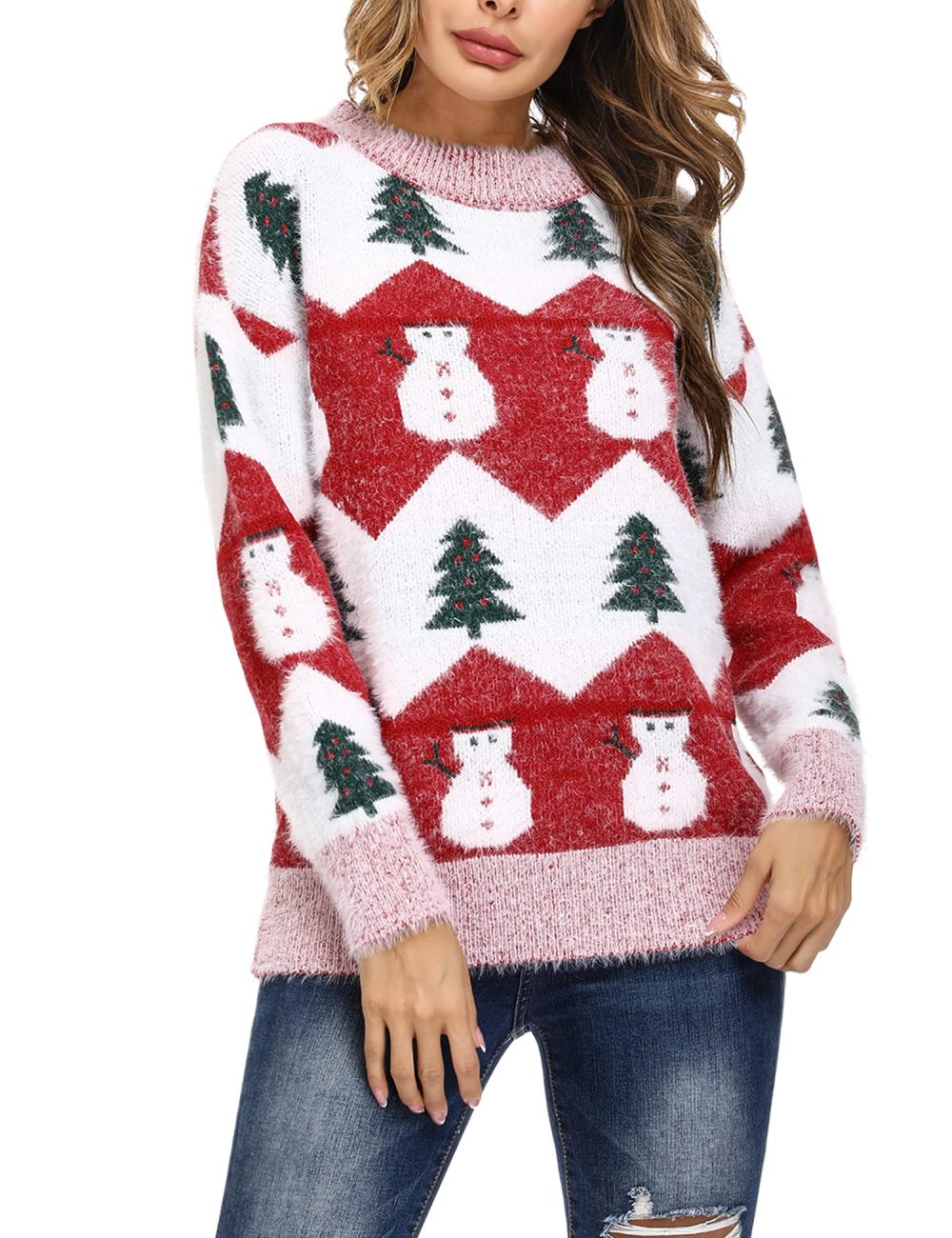 Marvmys Women Knit Sweater Jumper Long Sleeve Pullover Tops Knitwear Crew Neck Loose Warm Vintage Pullover Christmas Sweater Autumn Winter Red S