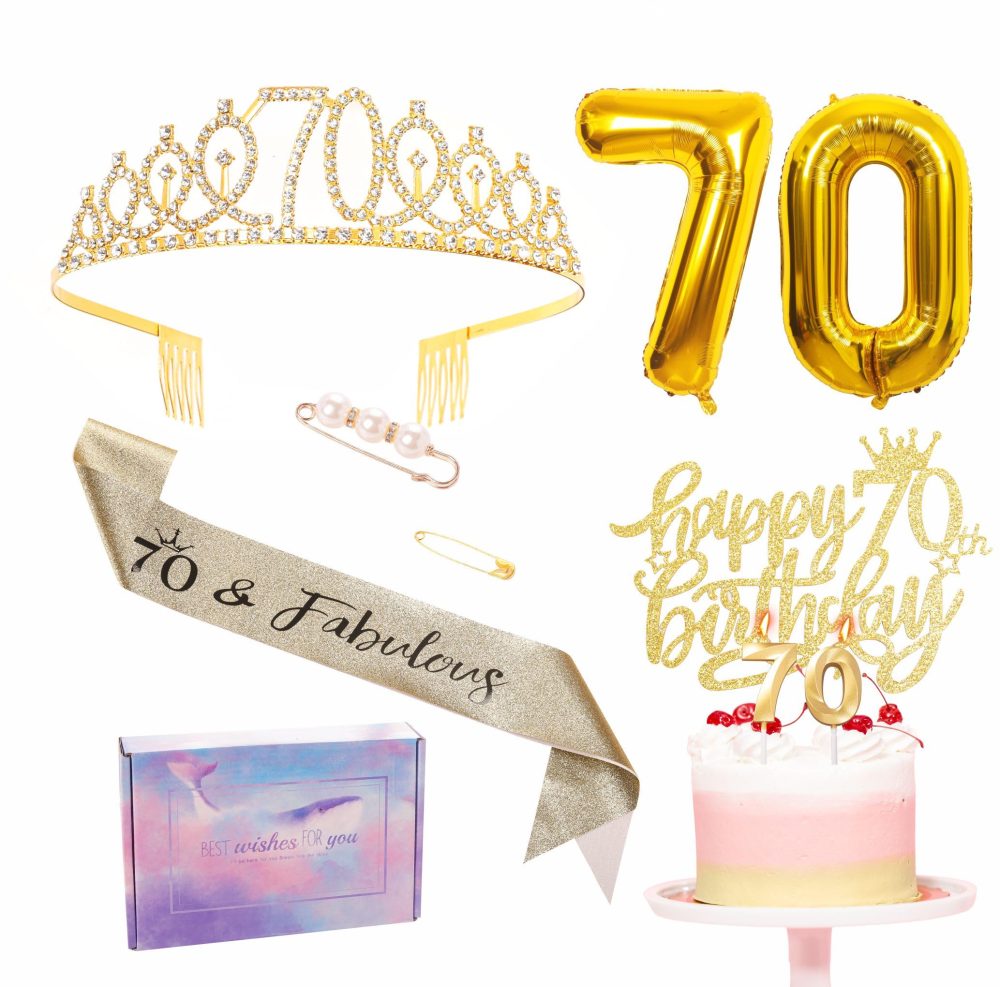 Gold 70th Birthday Decorations for Women 70th Birthday Sash Tiara Set, 70th Birthday Party Pack Sash Crown Number 70 Foil Balloons Birthday Cake Topper Candle, 70th Birthday Gifts for Women Her