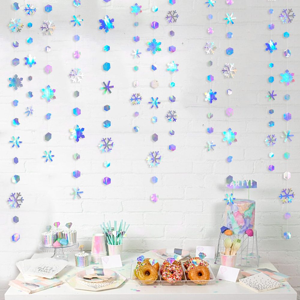 52Ft Iridescent Snowflakes Garland Winter Wonderland Party Decorations Metallic Glitter Paper Snowflakes Streamer for Winter Wonderland Frozen Birthday Wedding Baby Bridal Shower Christmas Decorations - Image 4