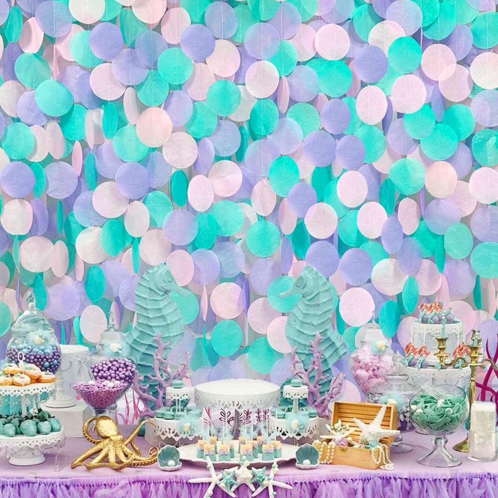 205Ft Purple Pink Teal Tissue Paper Garland Big Circle Dots Hanging Streamer Backdrop Polka Dot Bunting Banner for Little Mermaid Kids Birthday Wedding Baby Shower Under The Sea Party Decorations - Image 2
