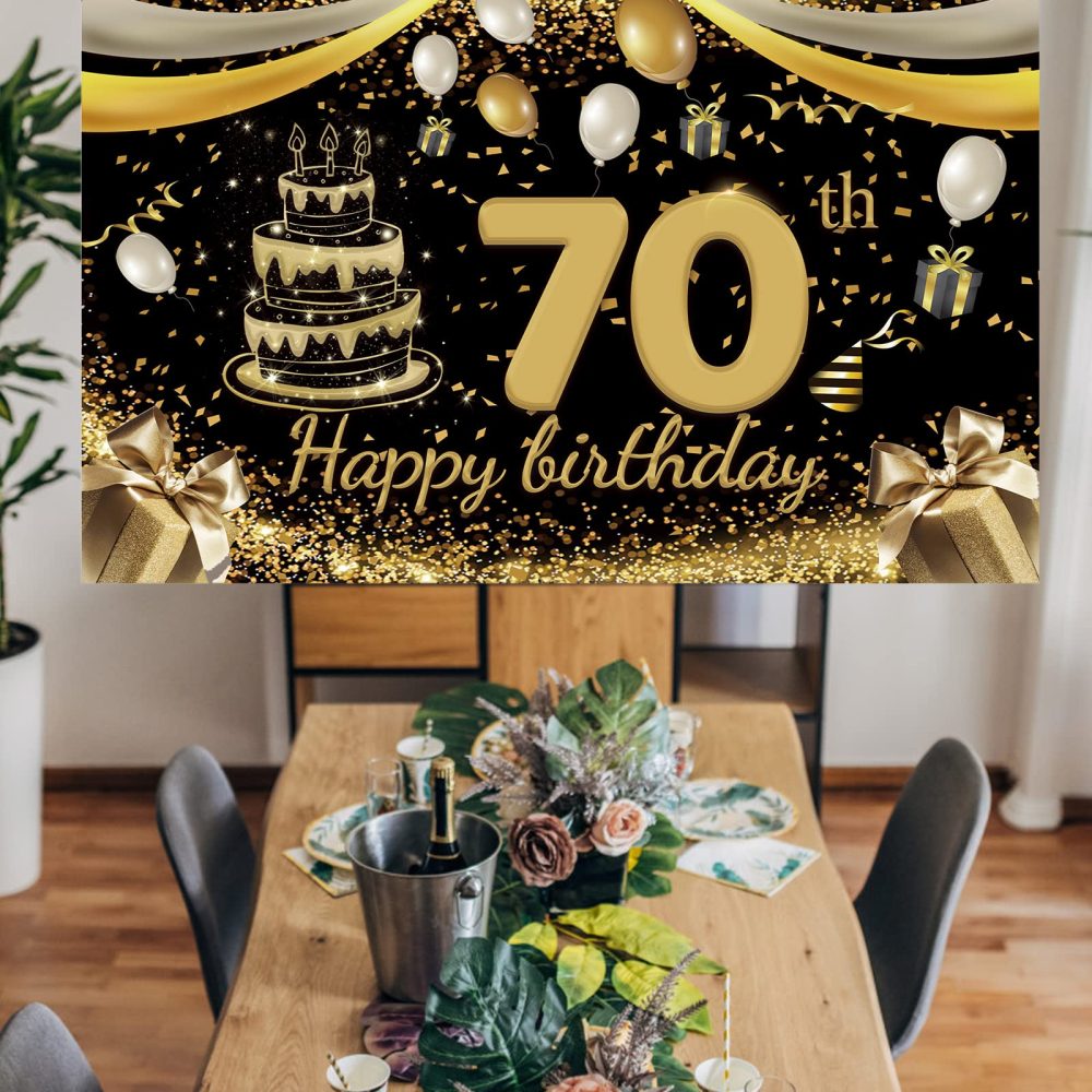 110x180cm Large Size Happy Birthday Banner 70th Black Gold Birthday Decoration Suitable for Men Women Any Birthday Celebration Background Decorations Tablecloth - Image 5