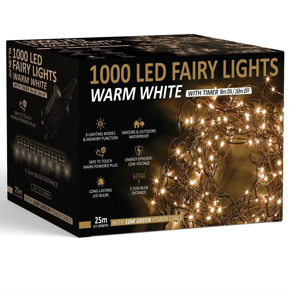 Christmas Tree Lights 1000 LED 25m Warm White - 2.5cm Bulb Distance Fairy String Lights Plug in with Timer and Memory Functions - Suitable for Outdoor/Indoor Use