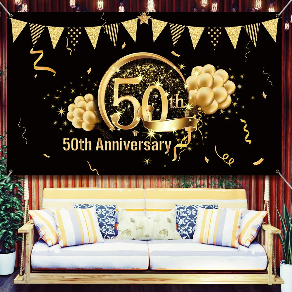50th Anniversary Decorations, Extra Large Fabric Black Gold Sign Poster for 50th Anniversary Backdrop Photo Booth Background Banner 50th Birthday Party Supplies - Image 4
