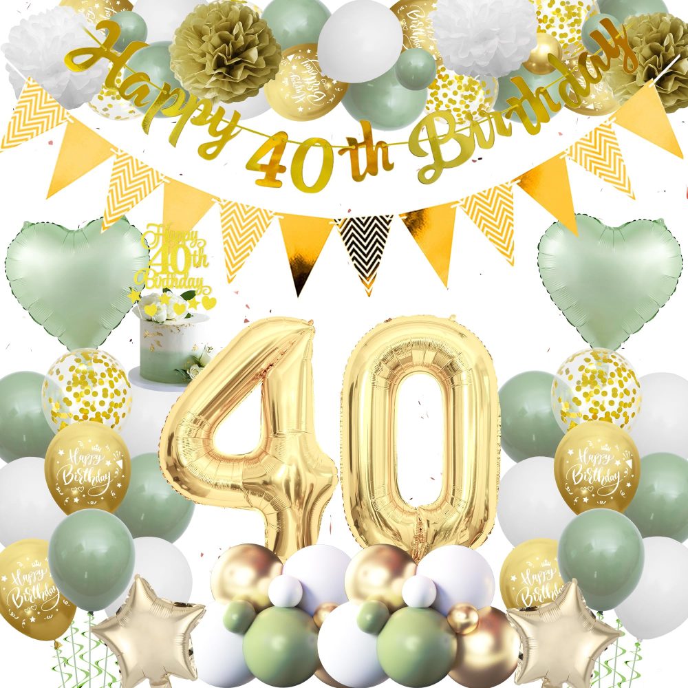 40th Birthday Decorations Women Men - Green Gold Birthday Party Decoration Balloons Set With Banners Paper Pom Confetti Latex Balloon Happy 40th Birthday Cake Toppers for 40 Years Birthday Supplies