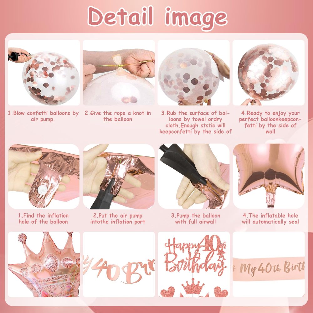 40th Birthday Decorations for Women - Rose Gold Balloons - 40th Rose Gold Birthday Decorations, Banner, Cake Topper, Cupcake Topper - Birthday Party Supplies Kit - Image 5