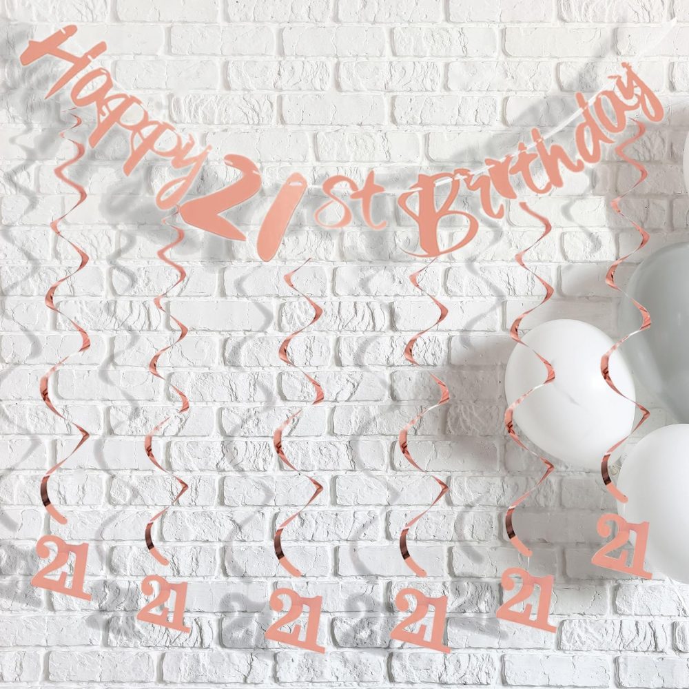 Rose Gold 21st Birthday Party Decorations Set for Women,Happy 21st Birthday Banner, Bunting Banner, Hanging Swirls, Streamers, Anniversary Backdrop - Image 5