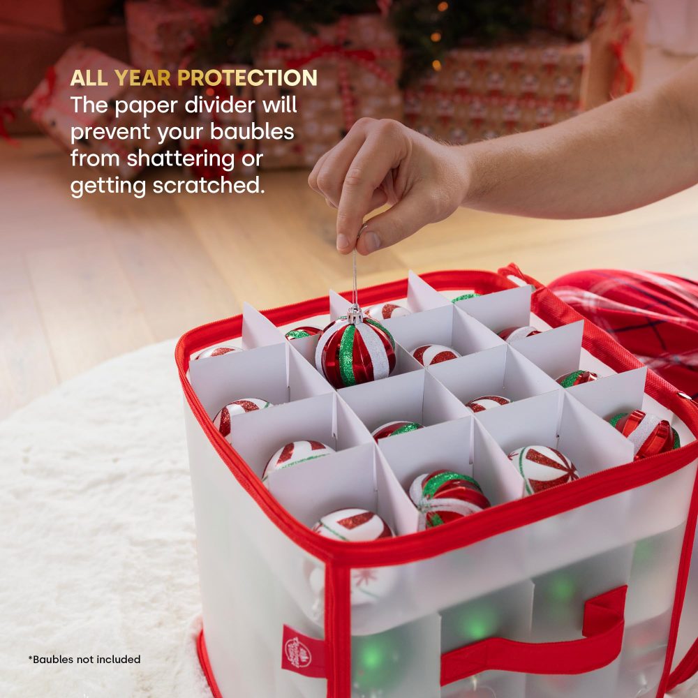 Christmas Village Bauble and Decoration Storage Cube with Padded Dividers for 64 Xmas Ornaments – Heavy Duty Folding 4 Layer Holder with Separators, Zipped Lid and Handles (Red) - Image 7