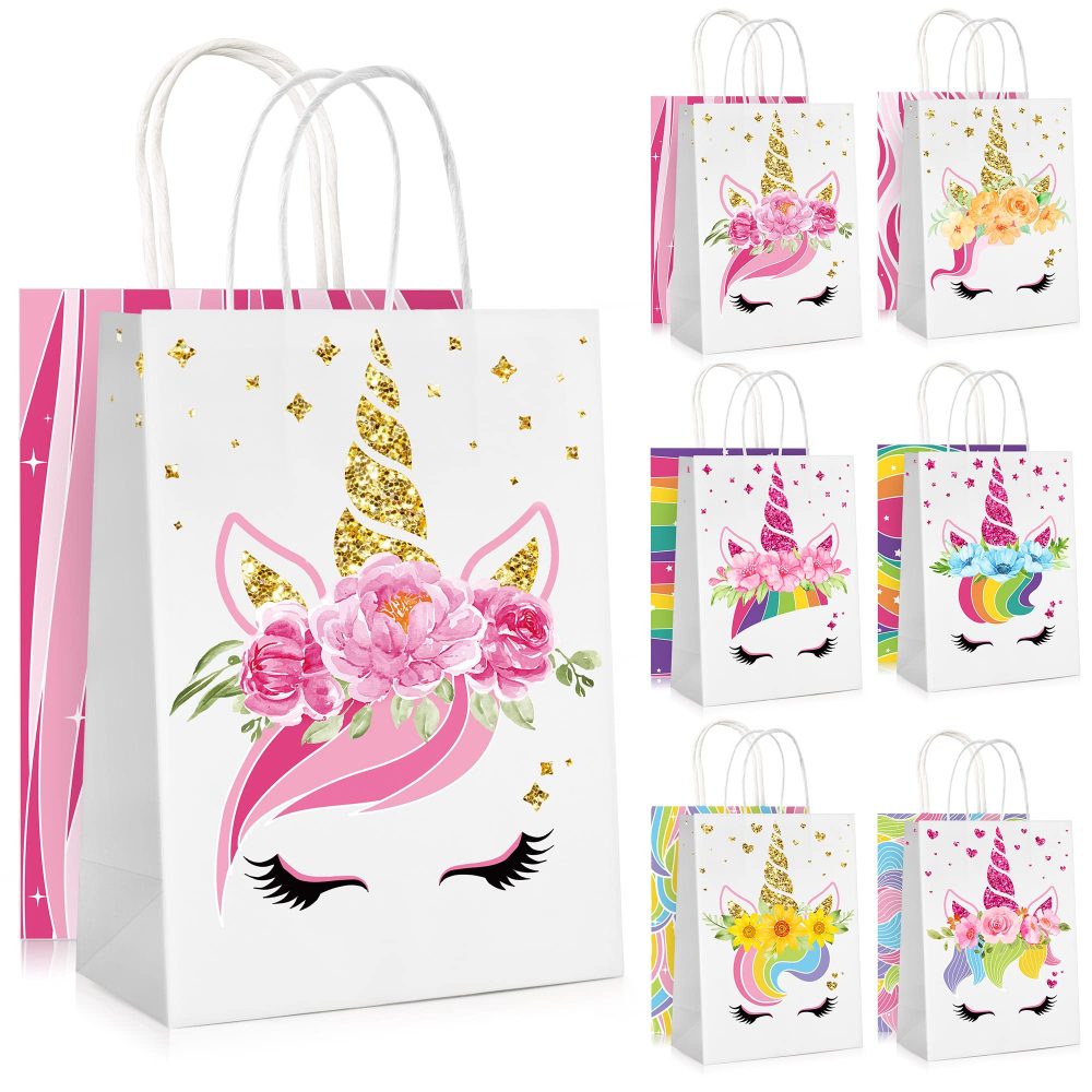 Mocoosy 18 Pack Unicorn Party Bags, Girls Paper Party Bags for Kids Party, Kids Gift Party Bags Unicorn Goodie Candy Treat Paper Bags with Handles for Girls Unicorn Theme Birthday Baby Shower Party