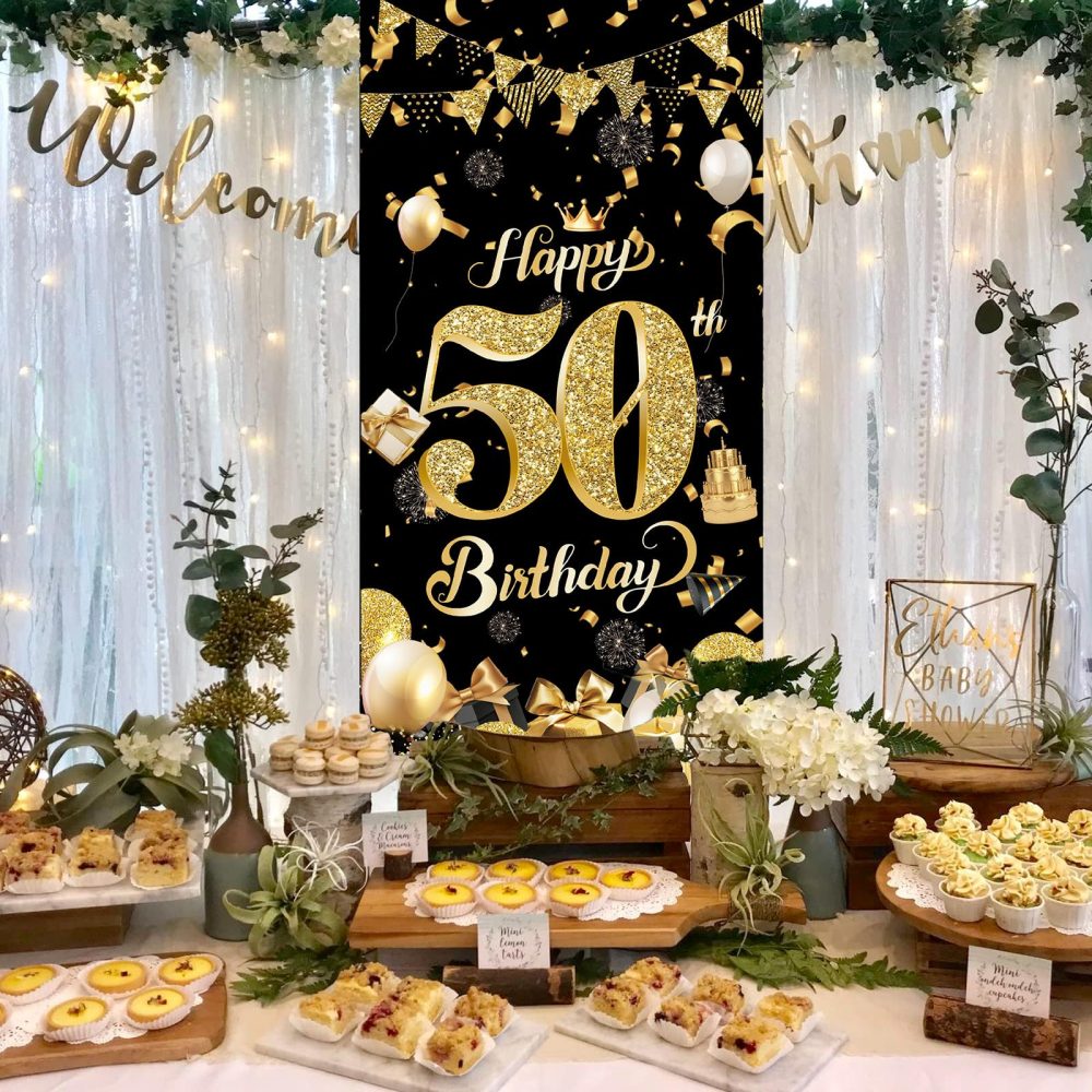 50th Birthday Door Banner,Black Gold 50th Birthday Decorations,Happy 50th Birthday Party Backdrop Banner,50th Birthday Door Hanging Banner for Women Men Birthday Party Photo Booth Supplies(90*185cm) - Image 2