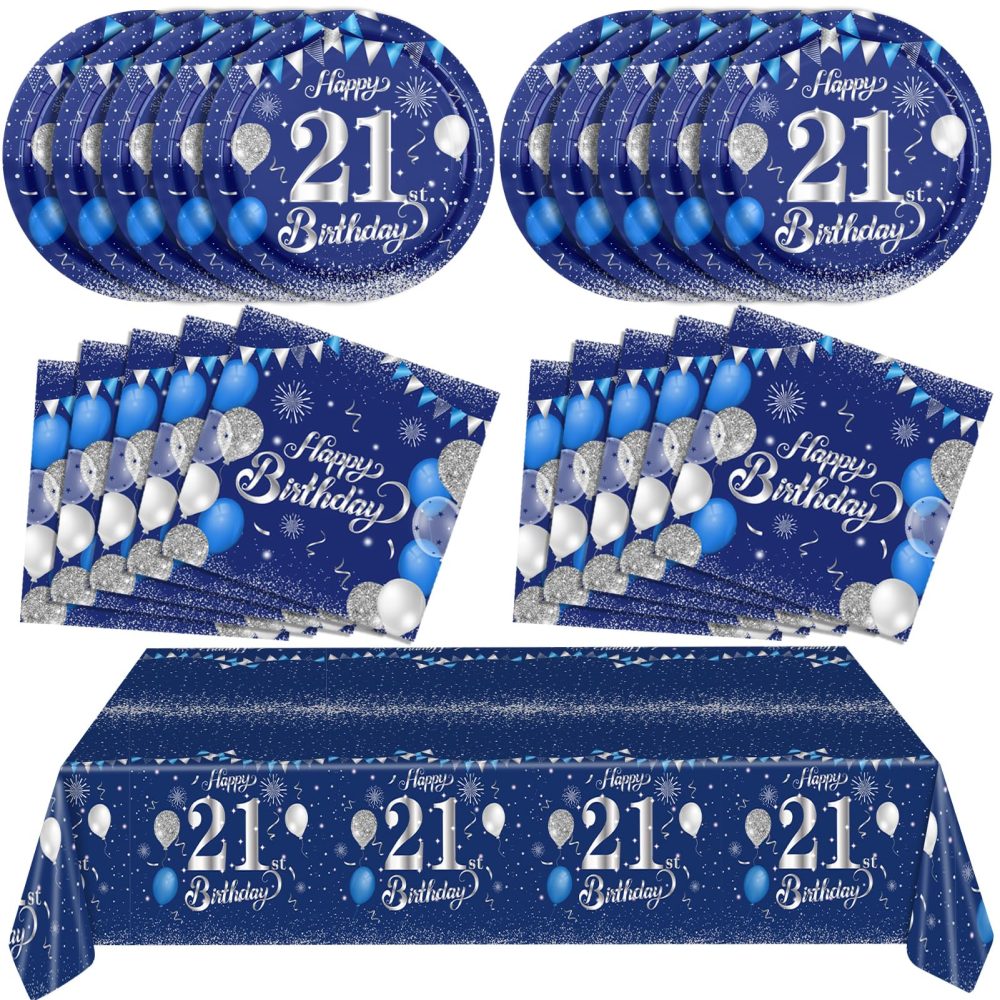 21st Birthday Decorations for Him Blue Silver Happy 21st Birthday Decorations for Boys Men Includes Happy 21th Birthday Napkins Tablecloth Plates for 21 Years Old Bday Party Supplies Anniversary Decor