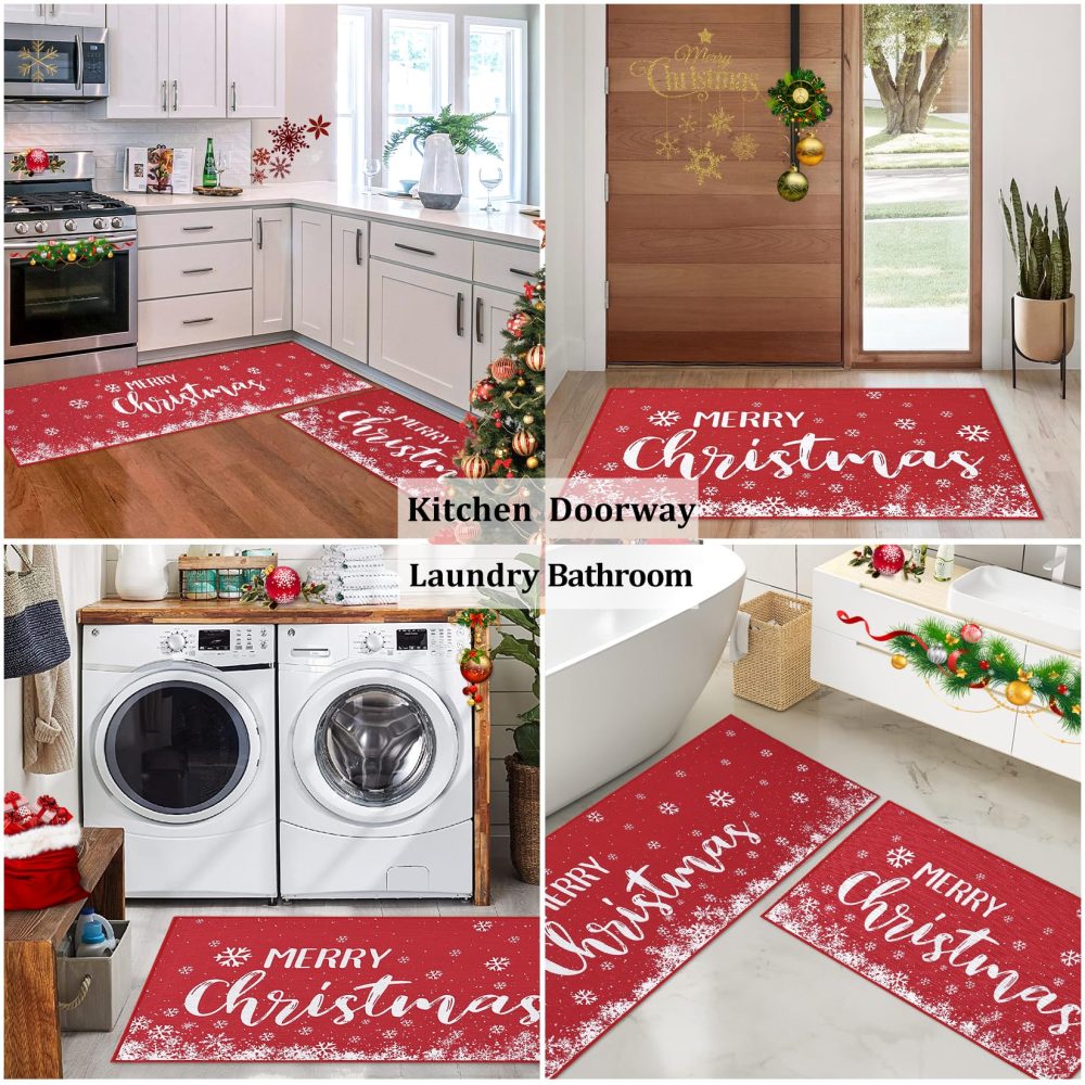 CAROMIO Merry Christmas Kitchen Rug, Linen Like Weave Christmas Snowflake Kitchen Decoration, Non-Slip Washable Kitchen Floor Mats for Winter Home Kitchen 40x60cm + 40x120cm - Image 2