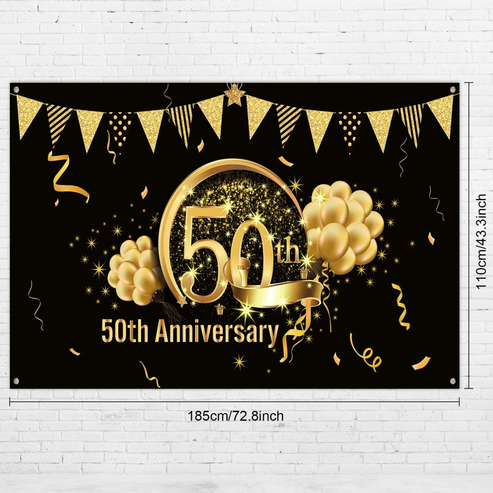 50th Anniversary Decorations, Extra Large Fabric Black Gold Sign Poster for 50th Anniversary Backdrop Photo Booth Background Banner 50th Birthday Party Supplies - Image 7