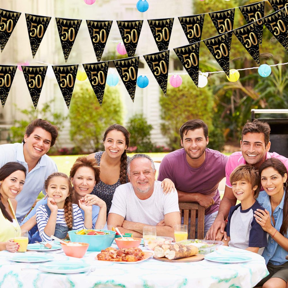 Frienda Happy Birthday Banner Bunting Flags 5 Pieces Gold and Black Glitter Birthday Anniversary Party Decoration Supplies, 7.4 x 10.8 Inch (50th Birthday) - Image 2
