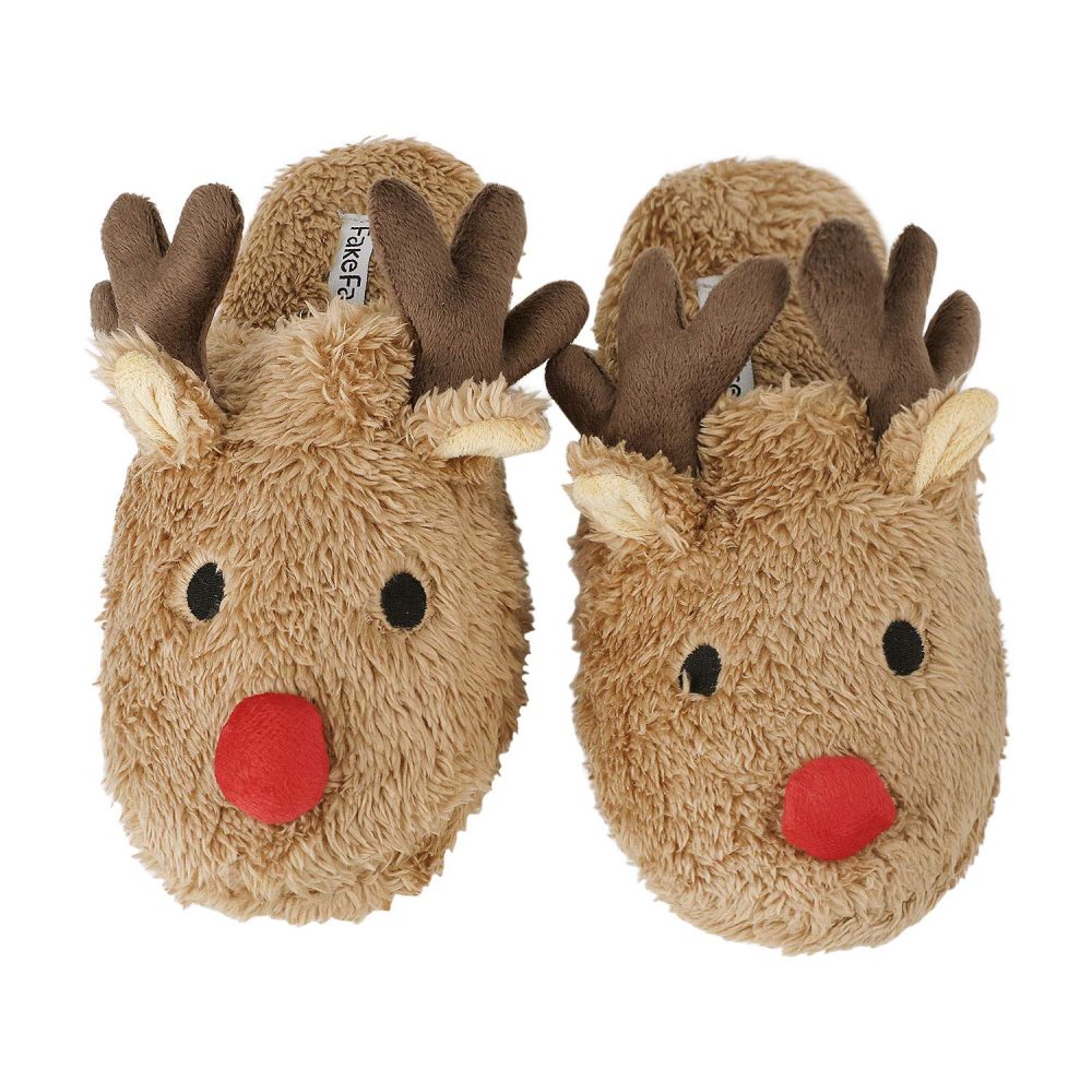 Moonlove Lovely Cartoon Reindeer Shape Plush Velvet Slipper Super Warm Soft Mules Non-Slip Bedroom Indoor House Winter Cute Slipper for Women Ladies
