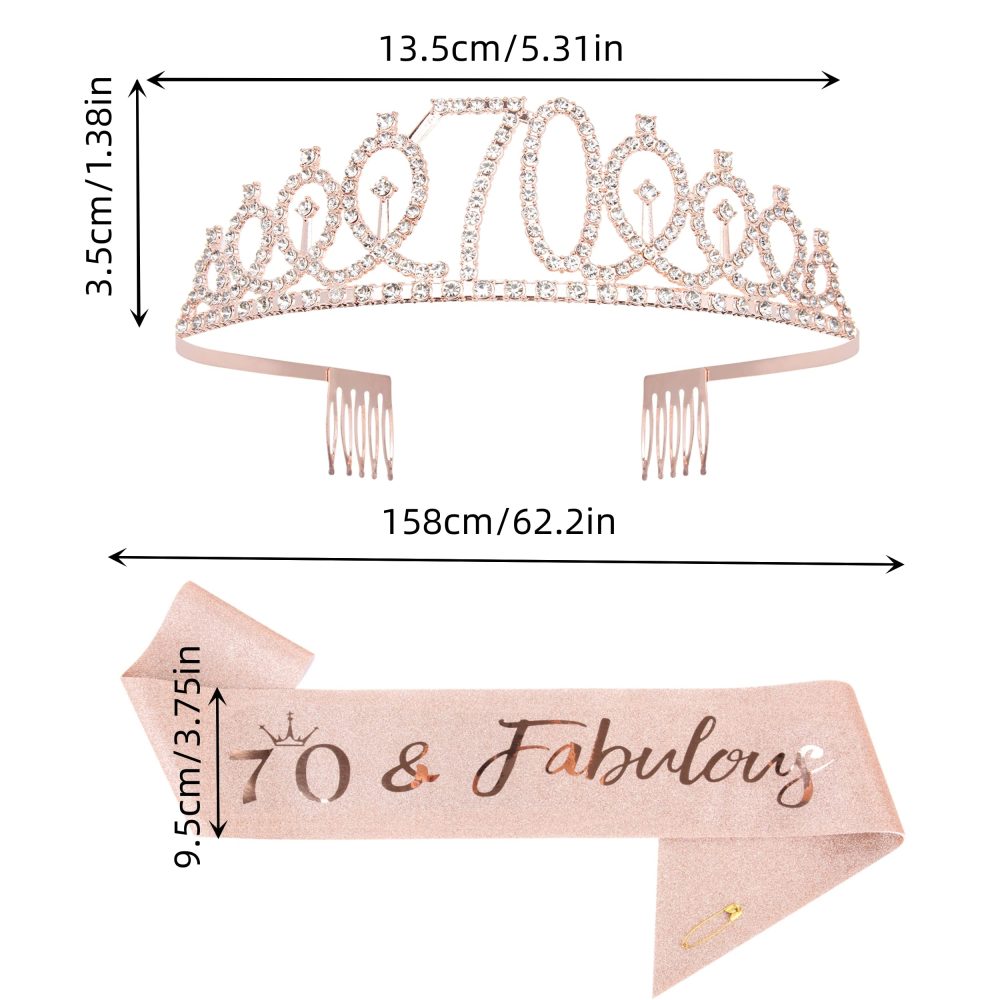 Mikccer Rose Gold 70th Birthday Sash and 70 Birthday Tiara, Rhinestone Crown Headband for 70th Birthday Gifts, 70th Birthday Decoration Party Accessories for Women - Image 6