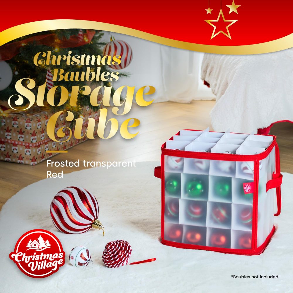 Christmas Village Bauble and Decoration Storage Cube with Padded Dividers for 64 Xmas Ornaments – Heavy Duty Folding 4 Layer Holder with Separators, Zipped Lid and Handles (Red) - Image 9