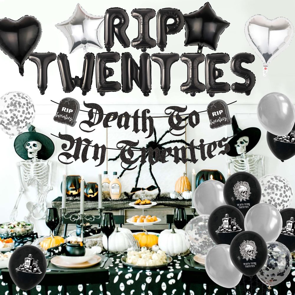 Rip 20s Birthday Decorations - Black and Silver Death to My Twenties Banner Sash Cake Topper Letter Heart Star Number Balloons for Men Women Halloween Goth Themed 30th Birthday Party Supplies - Image 4