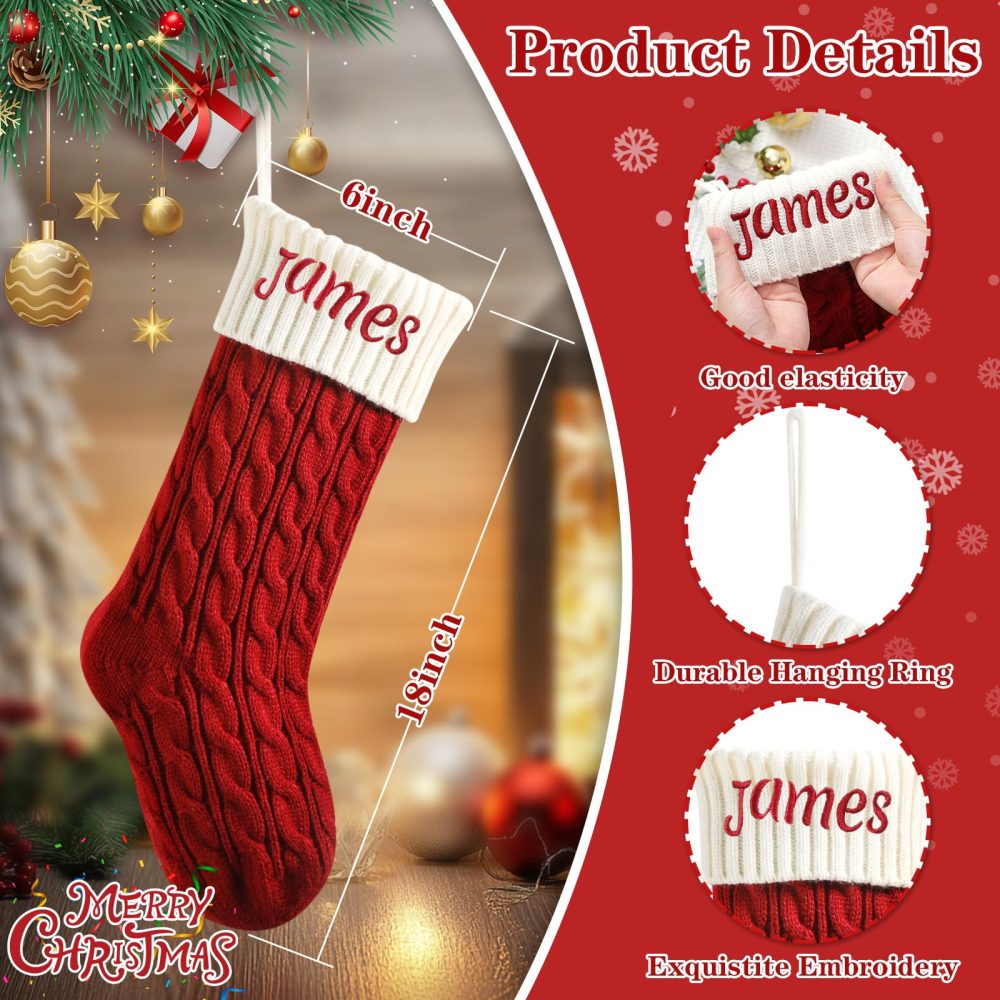 Lifemaison Personalised Family Christmas Stockings Custom Embroidered,18in Large Knitted Xmas Stockings for Fireplace Hanging,Family Christmas Stockings with Embroidered Name for Home Decor,1 Pack-A - Image 4