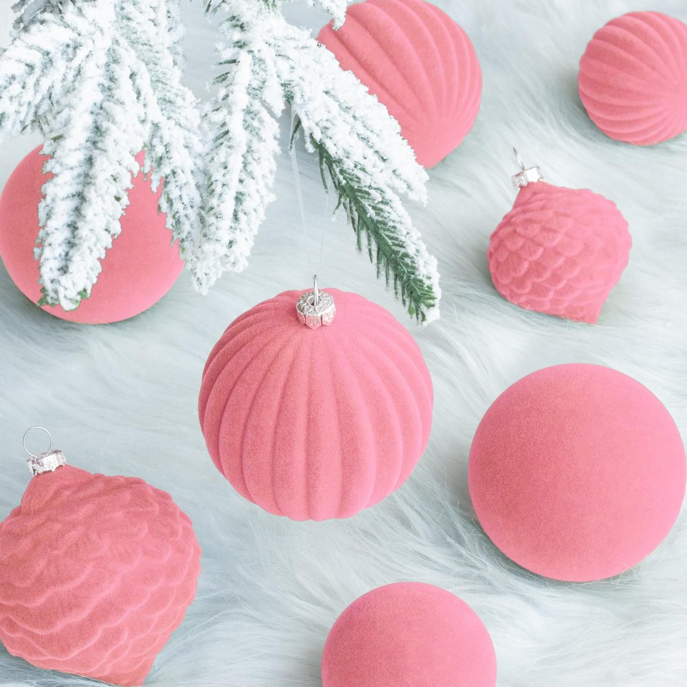 KI Store Rose Pink Velvet Christmas Baubles 25pcs Shatterproof Flocked Christmas Tree Ornaments 80mm 60mm Assorted for Xmas Tree Decorations - Image 7