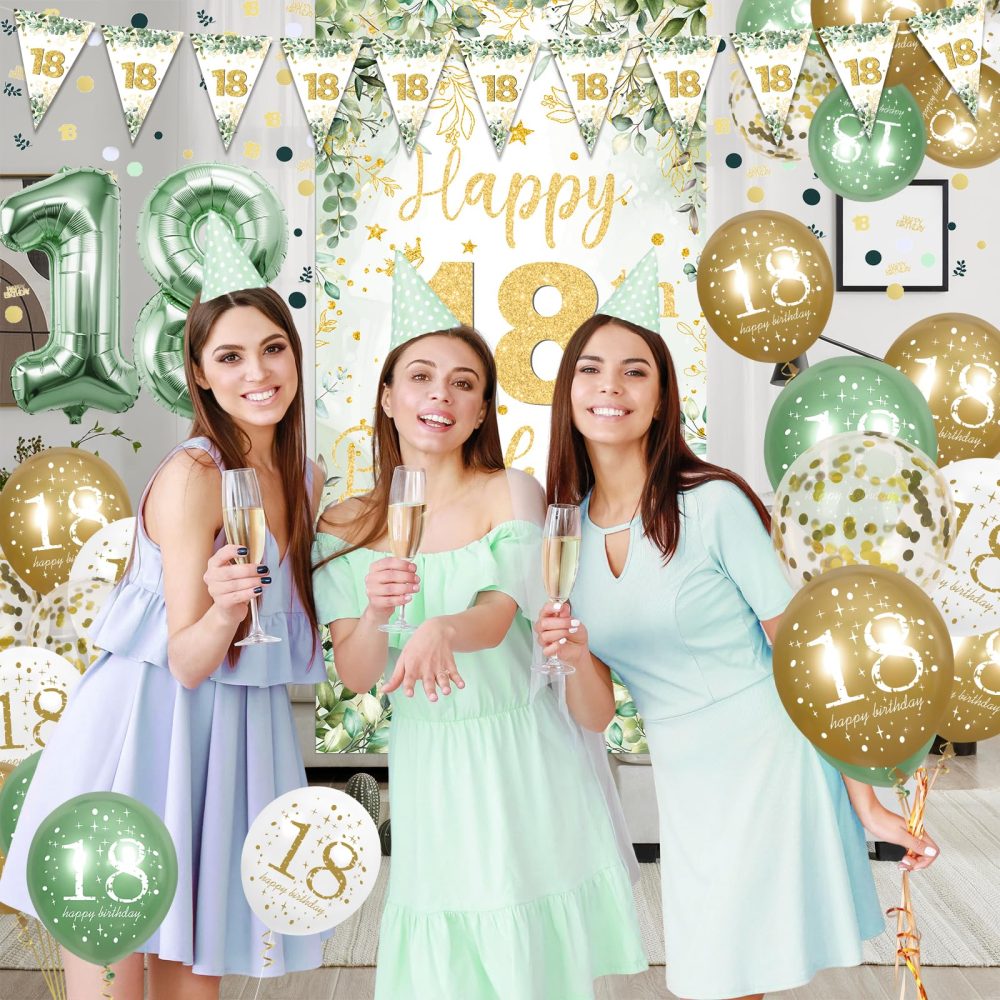 18th Birthday Party Decorations for Girls Boys, Sage Green Happy 18th Birthday Decorations Green Gold 18th Birthday Door Banner Number 18 Foil Balloons for 18 Year Old Birthday Party Decor Supplies - Image 6