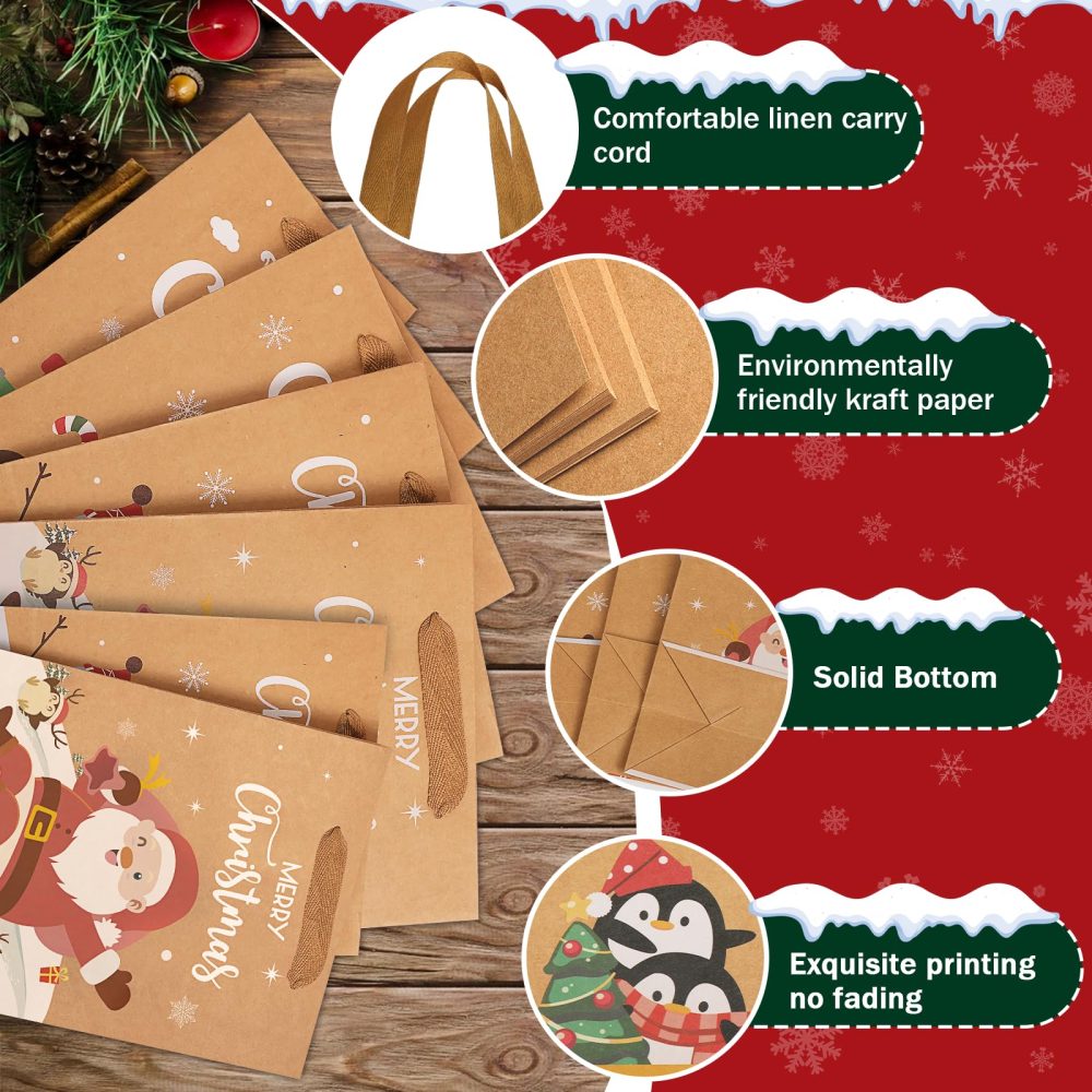 Christmas Brown Gift Bags 12 pcs,Xmas Paper Bags Multipack with Large and Small Sizes,Reusable Kraft Christmas Goody Bags with Handles for Presents,Perfect Paper Carrier Bags for Party,Sweets,Food - Image 6