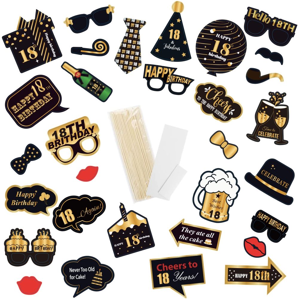 18th Birthday Photo Booth Props Kit,32PCS Black Gold Photobooth Props,18th Party Props Birthday Party Selfie Props Kit with Sticks for Boys,Him,Happy 18th Birthday Party Decorations Supplies Favors - Image 5