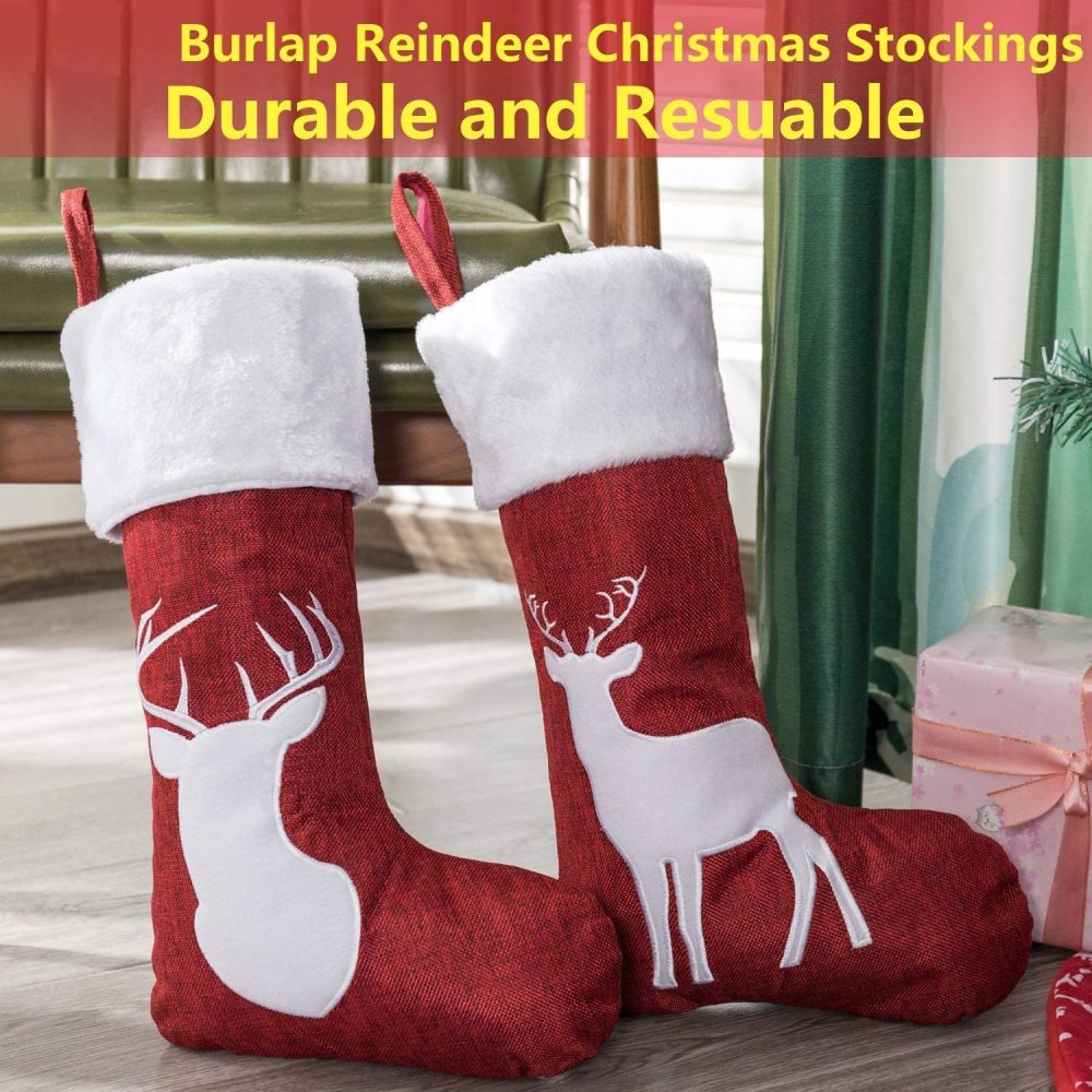 LATERN 2Pcs Christmas Stocking, 2 Styles Large Size Xmas Stockings Gift Hanging Stockings Bulk Reindeer Stocking with Plush Faux Fur Cuff for Christmas Tree Family Holiday Party Ornament (45 x 20CM) - Image 4