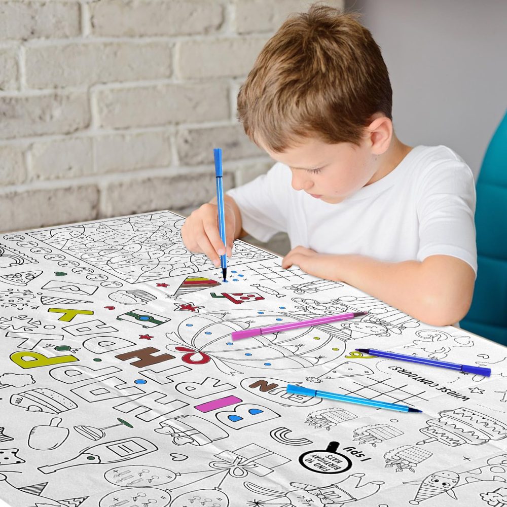LMSHOWOWO 110 X 80cm Happy Birthday Table Cloth, Coloring Tablecloth for Kids with 12 Paint Pens, DIY Kids Party Tablecloth, for Kids Birthday Party Favors Supplies Craft Doodle Art - Image 7