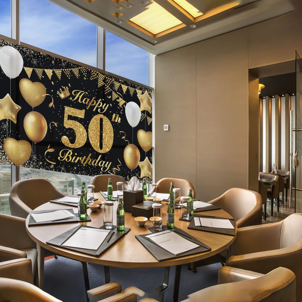 Happy 50th Birthday Banner 50th Photo Backdrop Black Gold Birthday Party Background Supplies Backdrop Props, Birthday Decorations for Men and Women 50th Backdrop Banner Photo Booth Sign 180×110cm - Image 5