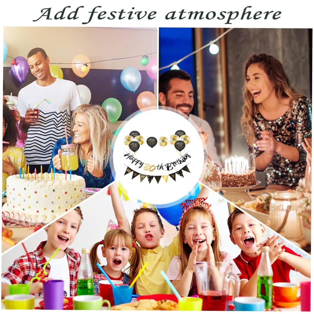 Black Gold 80th Birthday Decorations for Men Women,12pcs 80th Birthday Decor Kit Happy 80th Birthday Bunting Banner Triangle Flag 80th Birthday Balloons for Him Her 80th Birthday Party Decorations - Image 2