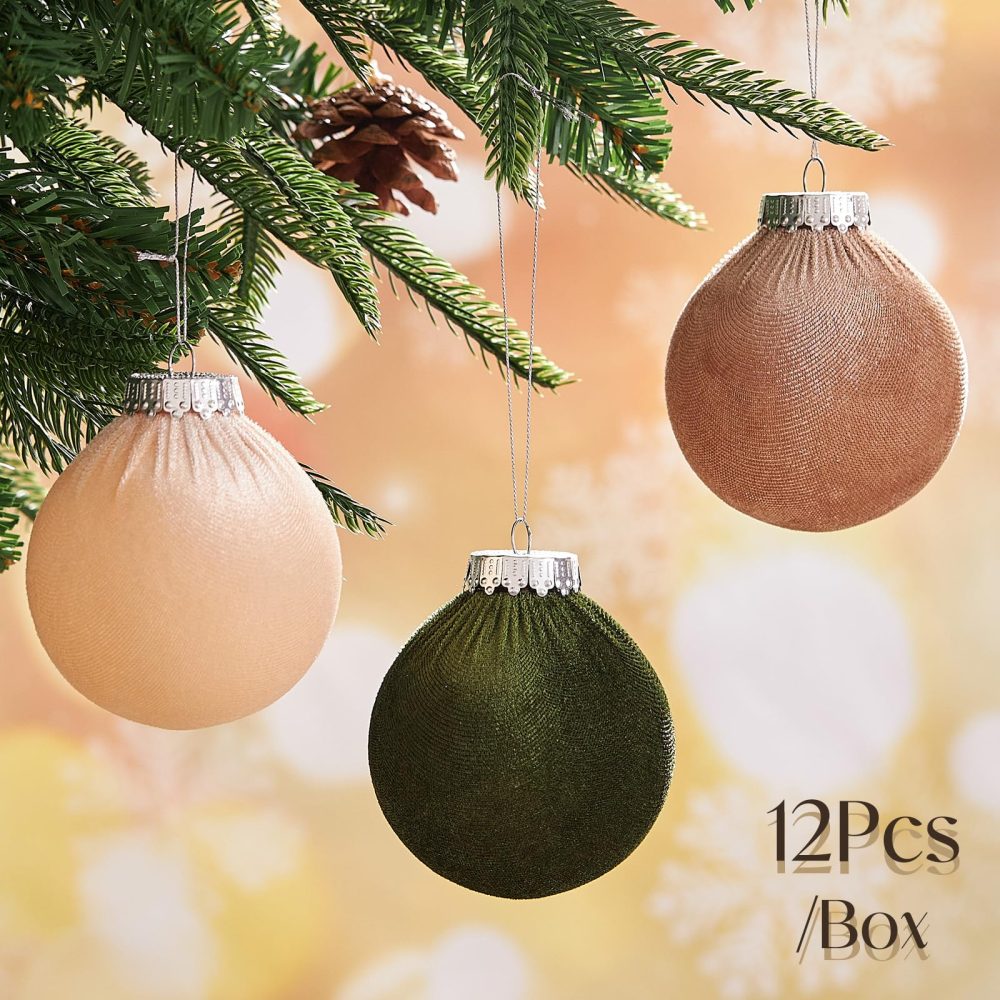 12 Pcs Christmas Velvet Balls, 80mm Christmas Ball Ornaments, Multicolor Green Brown Neutral, Christmas Tree Ornaments (S-Size) - Image 4