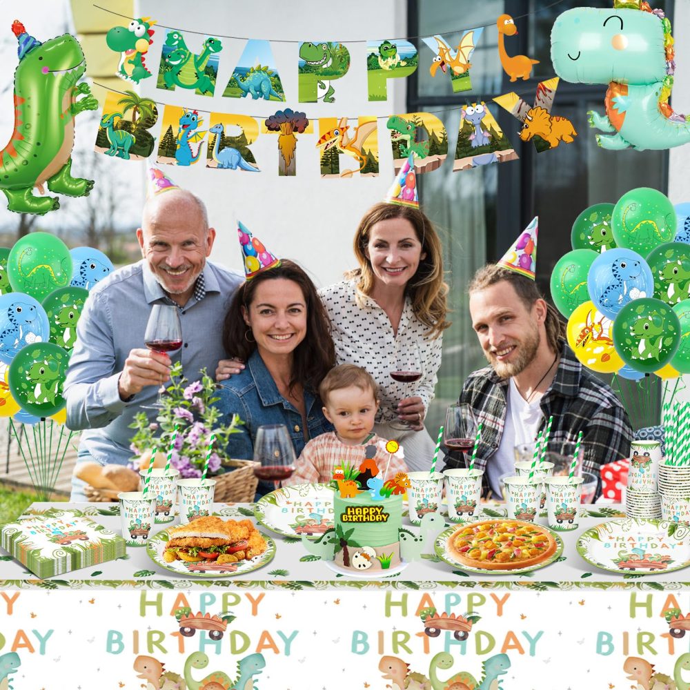 YIMAKJ Dinosaur Birthday Party Tableware Set, Party Supplies Tableware Set, Dinosaur Party Decorations Set With Party Paper Plate Cups Napkins Straws Children's Birthday Decorations for Boys and Girls - Image 4