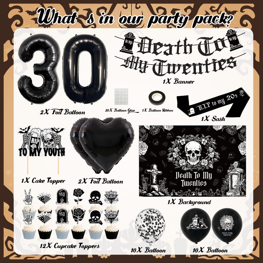 Rip 20s Birthday Decorations Set - Death to My 20s Decorations Includes Banner Backdrop Sash Cake Topper Heart Foil Balloons Death to My 20s Party Supplies 30th Birthday Decorations - Image 7