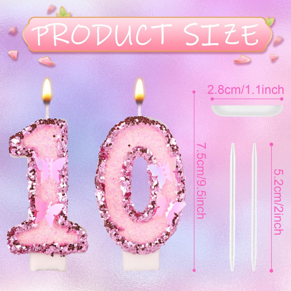 Girls Birthday Number 10 Candles, 2.95in Glitter Butterfly Happy Birthday Cake Toppers Pink Sequins Wedding Numeral Cupcake Decorations for Anniversary Celebration Party Supplies (10th) - Image 7