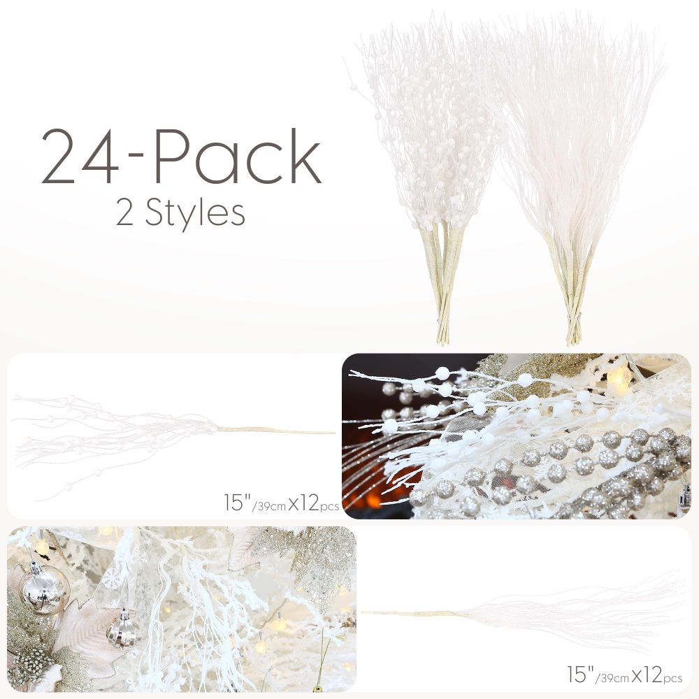 Sea Team 12-Pack Artificial Glitter Berry Stem Ornaments, Decorative Bead Sticks, Glittery Twigs, Picks, Branches for Christmas Tree, Small Vase, Holiday, Wedding, Party (17 Inches, White) - Image 2