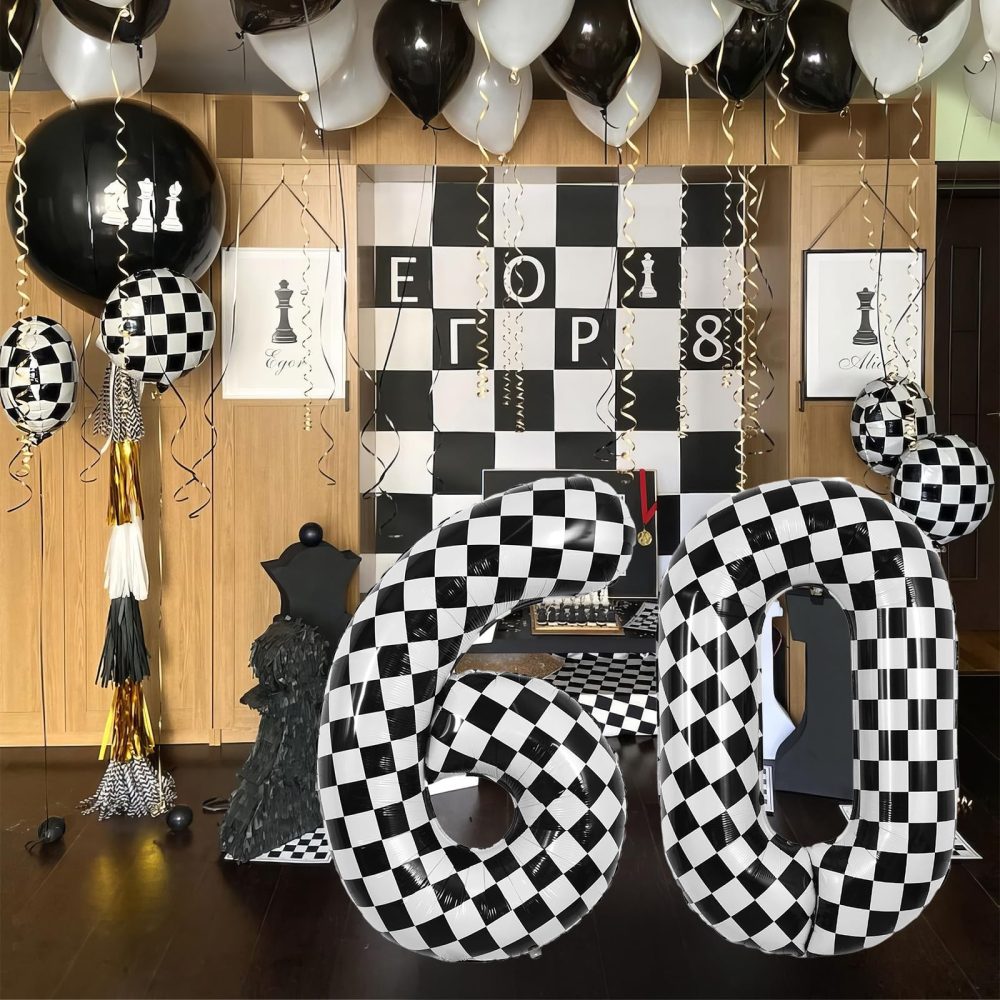 TNYKER Checkered Number 60 Balloon, Black and White 60th Birthday Balloons Foil Helium Checkered Flag Balloons, 40 Inch Racing 60 Balloon for Men 60th Racing Themed Birthday Party Decorations Supplies - Image 2