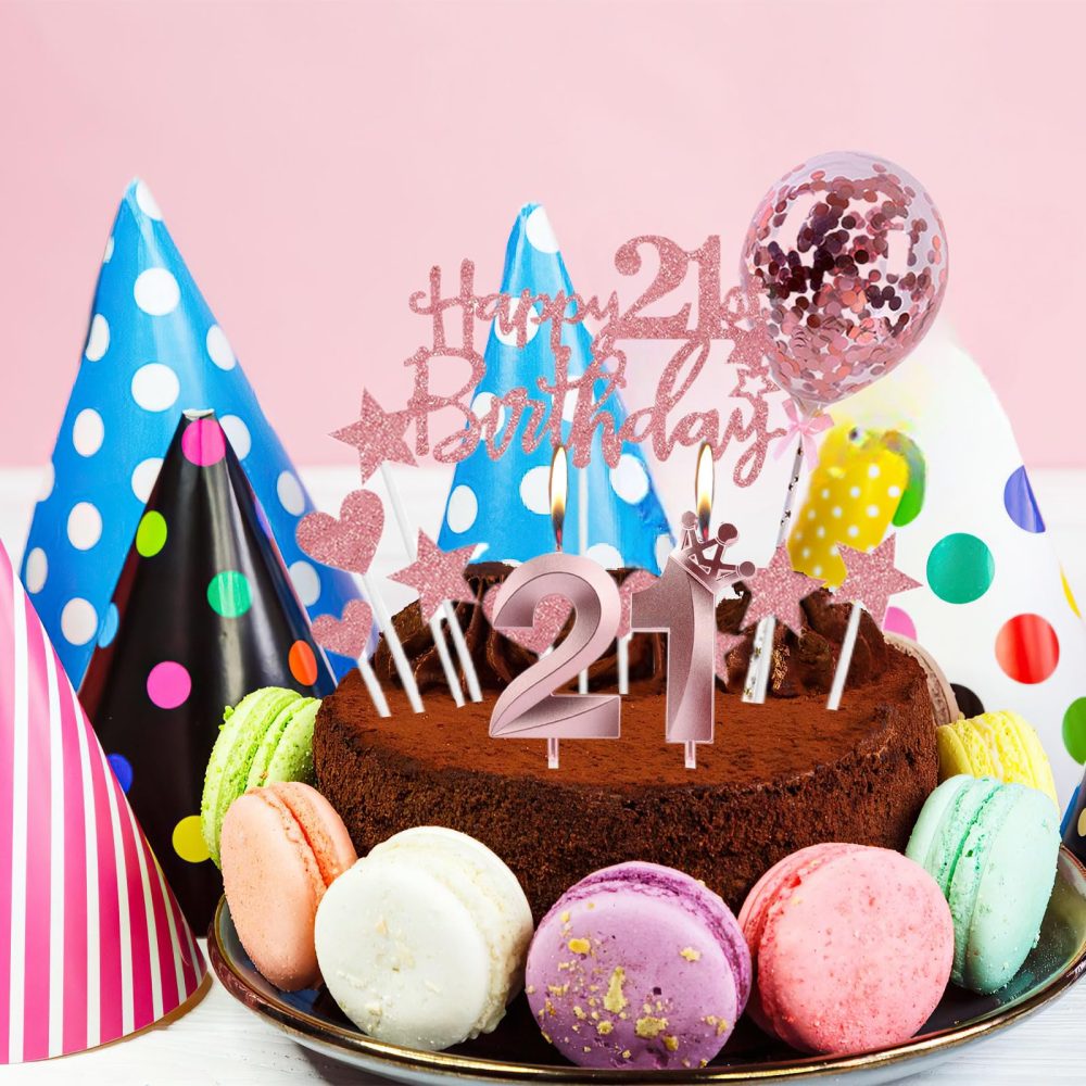 Bolosa 21th Birthday Candles Set, 21th Birthday Cake Topper, Number 21 Candle, 21th Birthday Decorations for Girls Boys Birthday Party Wedding Anniversary (Rose Gold, Number 21) - Image 6