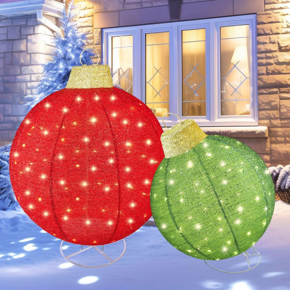 HOYECHI 2pc Lighted Pop-Up Outdoor Christmas Ornament Set – Holiday Ball Decorations with 200 LED Lights, 8 Lighting Modes, for Yard & Outdoor Christmas Decor - Red/Green - Image 2
