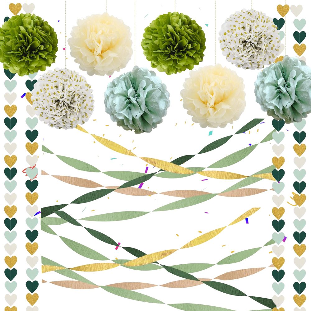 Tissue Paper Pompoms Party Decorations - Green Glod Hanging Paper Flower Balls Decoration with Heart Garland, Pompom Party Decor for Birthday Wedding Anniversary Baby Shower Bridal