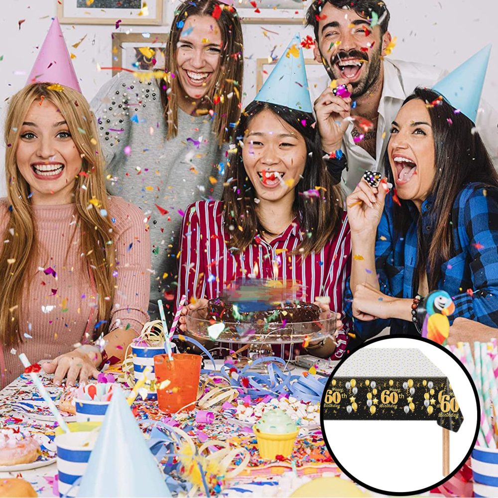 Black Gold Happy 60th Birthday Table Cloth Cover Party for Men,Women,Him,Her,137*274cm 60th Birthday Table Decorations,Rectangular Plastic Tablecloth for 60th Birthday Party Supplies Decorations - Image 3