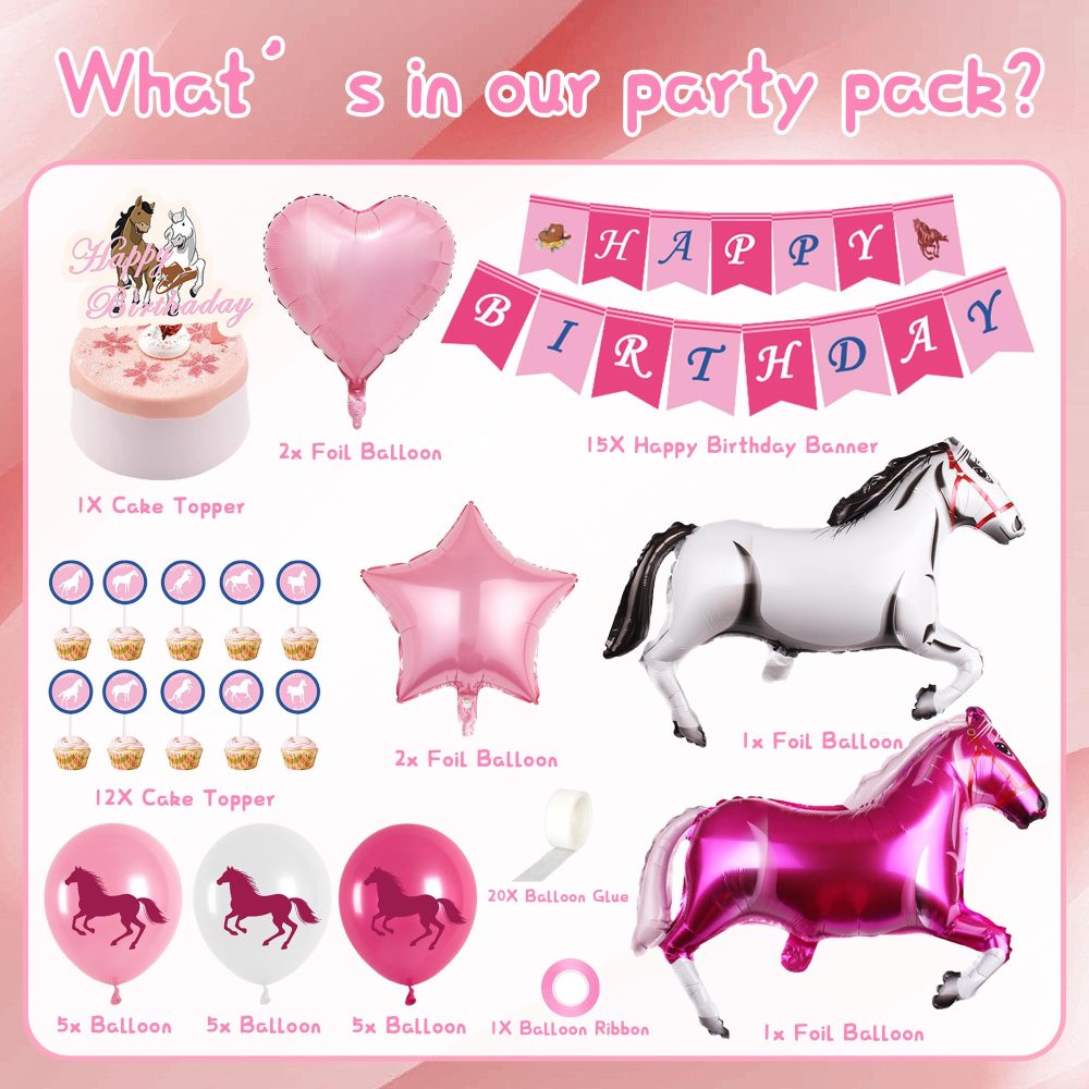 Pink Horse Birthday Decorations Girls - 49 Pieces Pink Horse Foil and Latex Balloons Happy Birthday Banner Cake Topper Cupcake Toppers, Western Cowgirl Party Supplies for Girls - Image 6