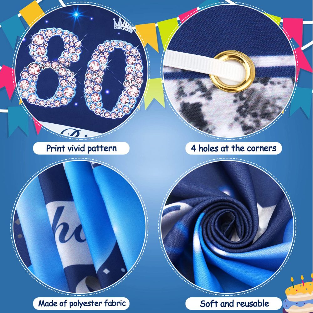 Blue 80th Birthday Decorations Banner for Men Women, Navy Blue Silver Happy 80th Birthday Banner Backdrop, Large Blue 80th Birthday Banner for 80th Birthday Anniversary Party Decorations Supplies - Image 6