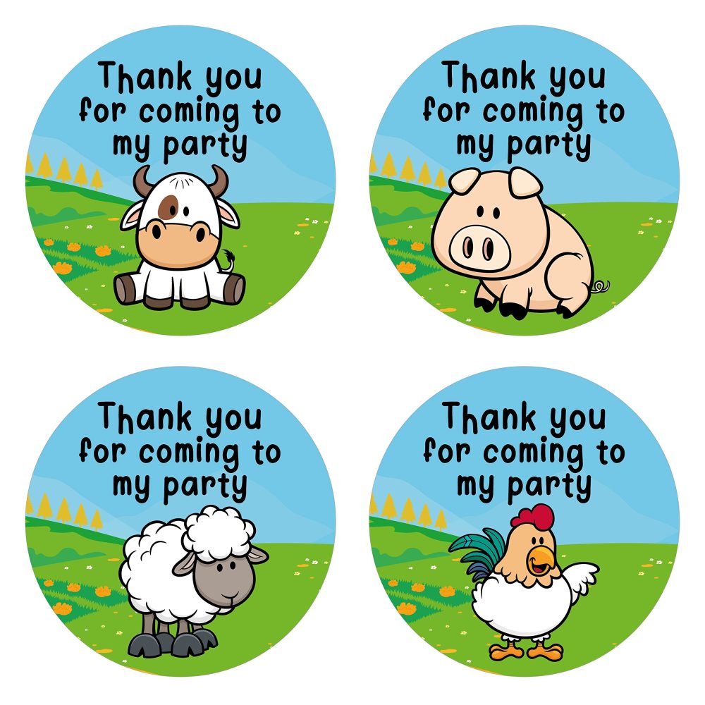 40mm Farm Animal Thank You for Coming to My Party Round Stickers for Party Bags & Sweet Cones: Cow, Sheep, Chicken & Pig (24 x Stickers)