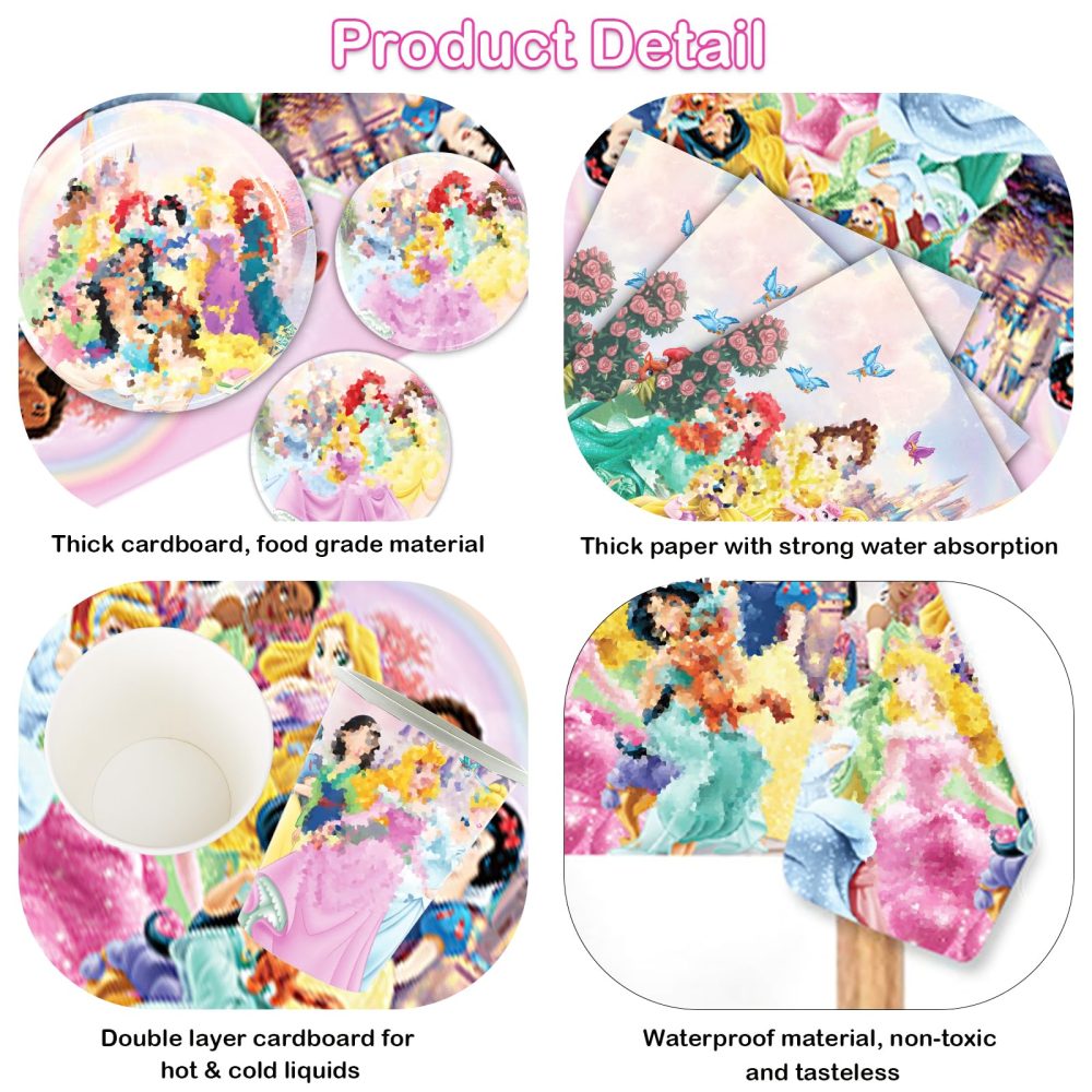 51PCS Princess Party Tableware Set, Princess Birthday Party Decorations with Party Paper Plates Cups and Napkins Tablecloth, Pink Party Supplies for Kids Girls, 10 Guests - Image 3