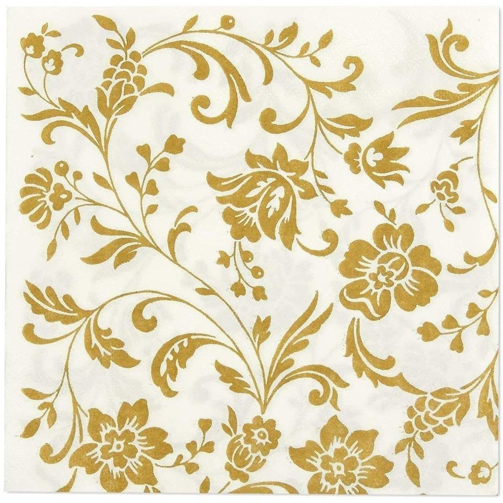 100 Pack Gold and White Floral Paper Napkins, Disposable Party Napkins, Soft Serviettes for Wedding, Anniversary Party Supplies, 16.5 x 16.5 cm - Image 2